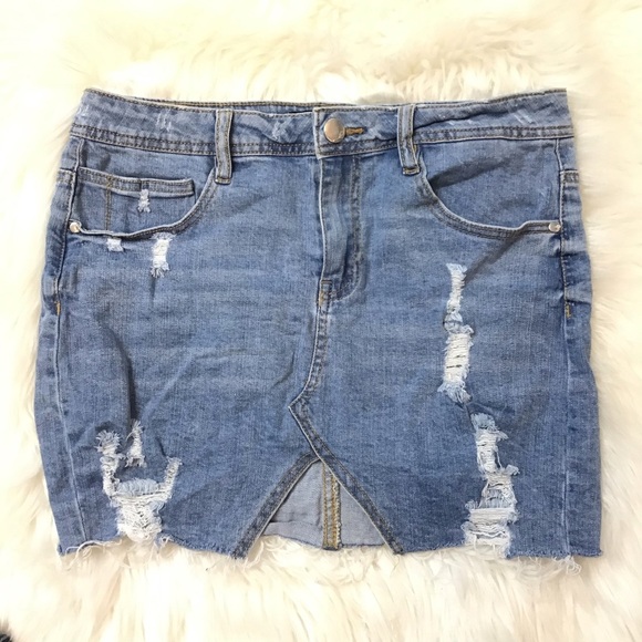 Dollhouse Asymmetrical Distressed Raw Hem Stretch Denim Mini Skirt Size 11 - Picture 6 of 8